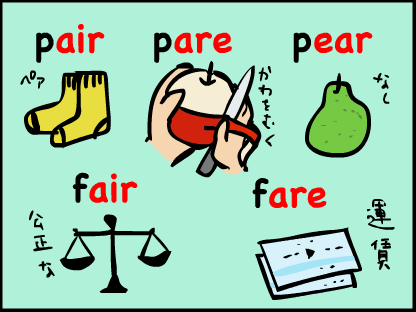 “pair（ペア）とpare(皮をむく）とpear(なし）とか、fair(公正な）とfare（運賃）とか。”